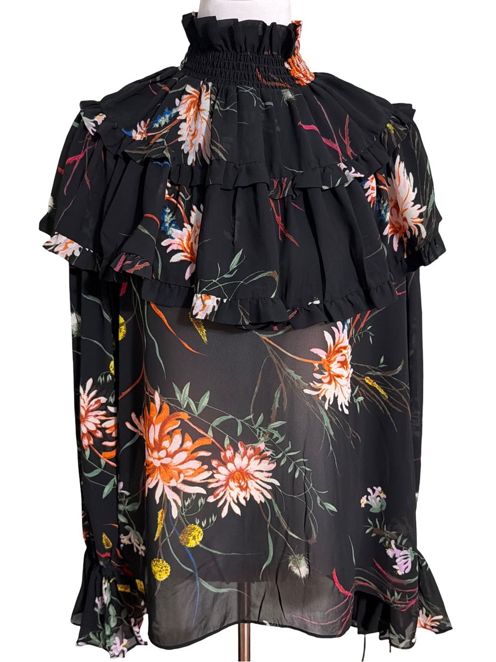 H&M Black Orange Floral High Neck Blouse Large